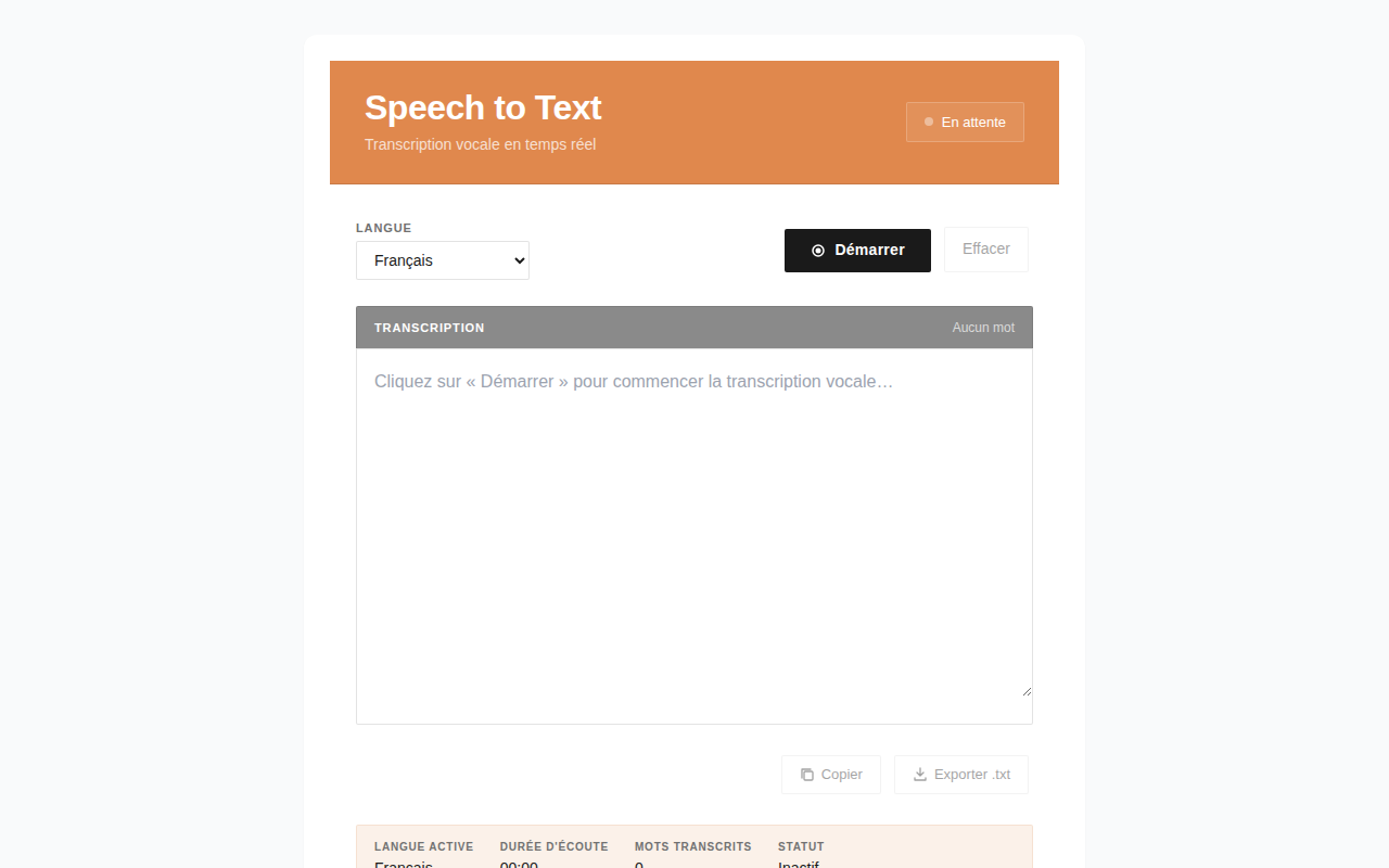 Capture de l'app — Speech to Text